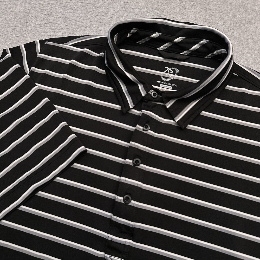 Zero Restriction Tour Series Performance Polo Shirt Men Large Black Striped Golf